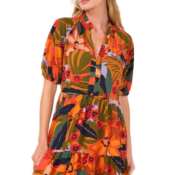 CeCe Orange Floral Short-Sleeve Babydoll Dress Sz L - Picture 1 of 10